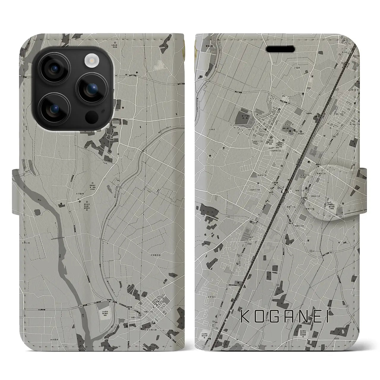 【小金井(栃木県)】地図柄iPhoneケース(手帳タイプ)モノトーン・iPhone 16 用