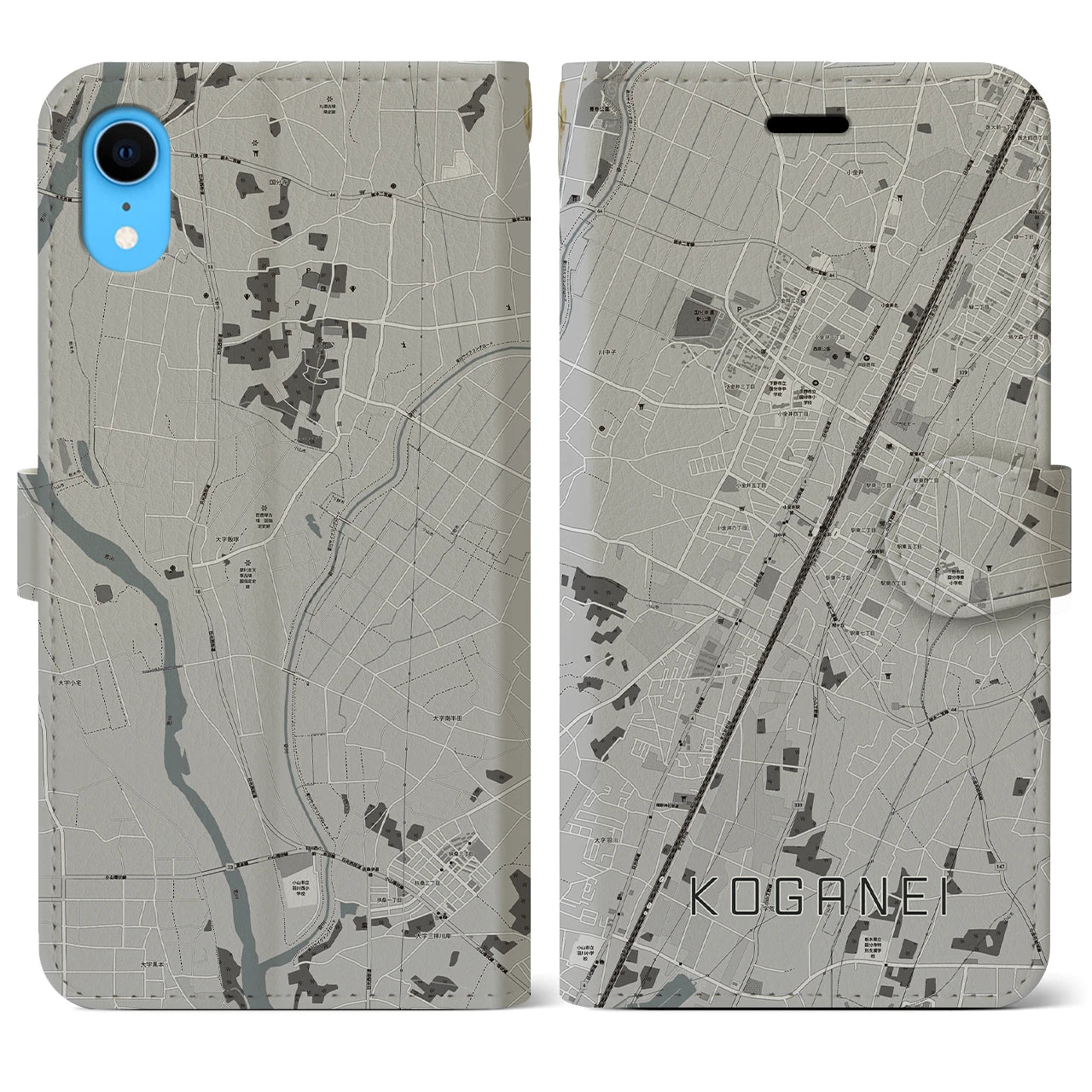 【小金井(栃木県)】地図柄iPhoneケース(手帳タイプ)モノトーン・iPhone XR 用