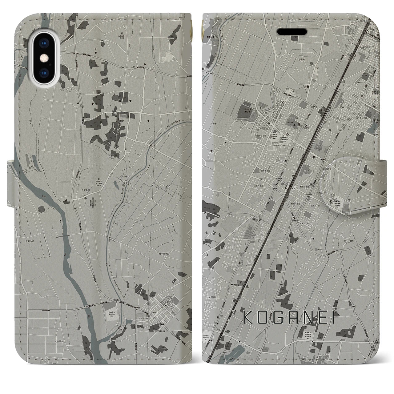 【小金井(栃木県)】地図柄iPhoneケース(手帳タイプ)モノトーン・iPhone XS Max 用