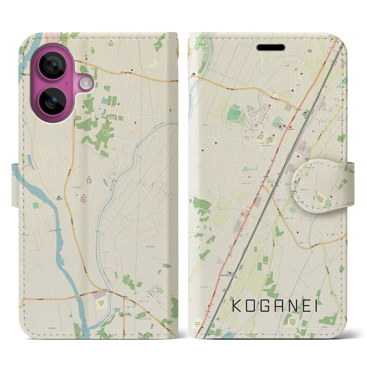 【小金井(栃木県)】地図柄iPhoneケース(手帳タイプ)ナチュラル・iPhone 16 Pro 用