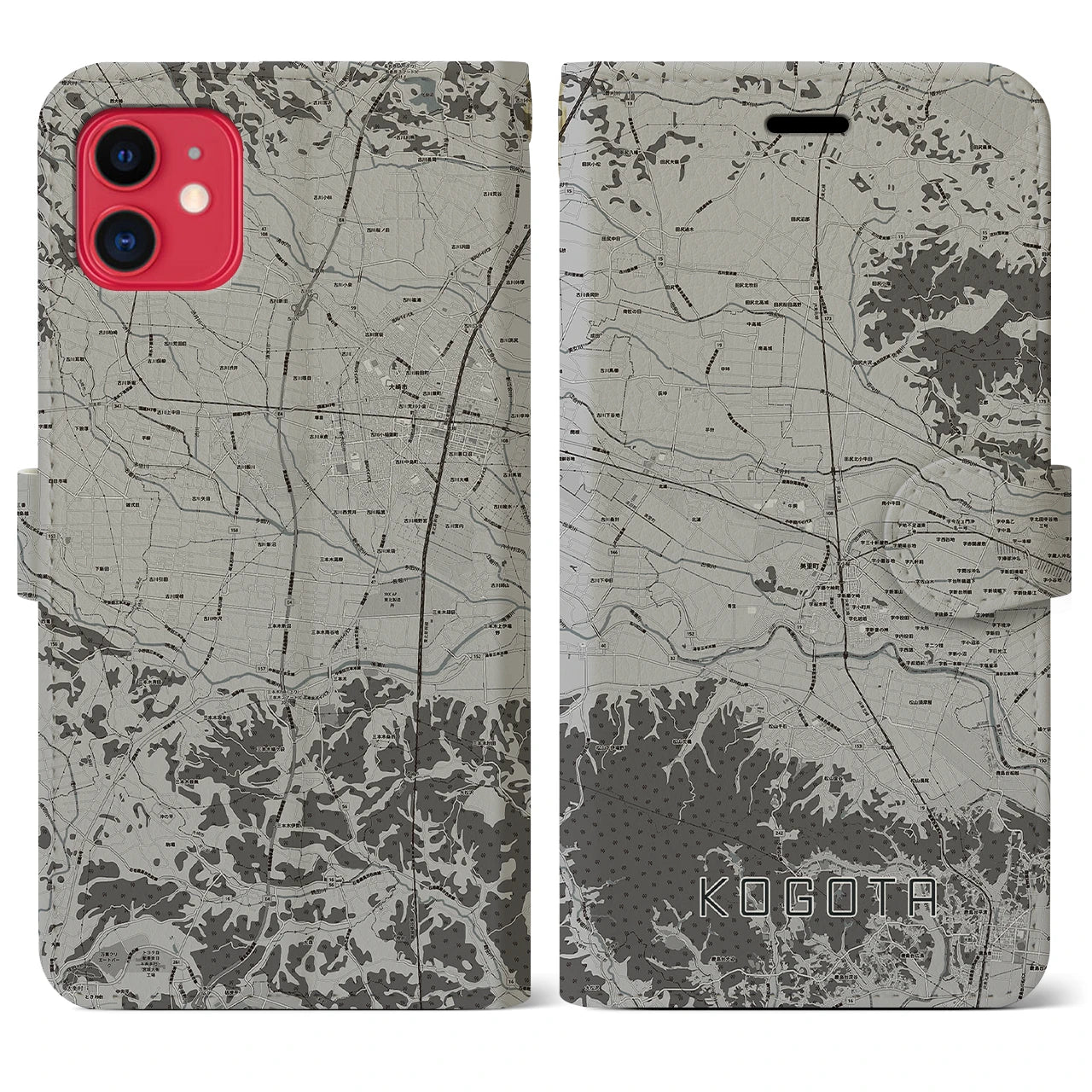 【小牛田(宮城県)】地図柄iPhoneケース(手帳タイプ)モノトーン・iPhone 11 用