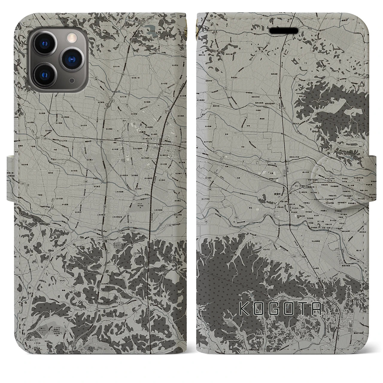 【小牛田(宮城県)】地図柄iPhoneケース(手帳タイプ)モノトーン・iPhone 11 Pro Max 用