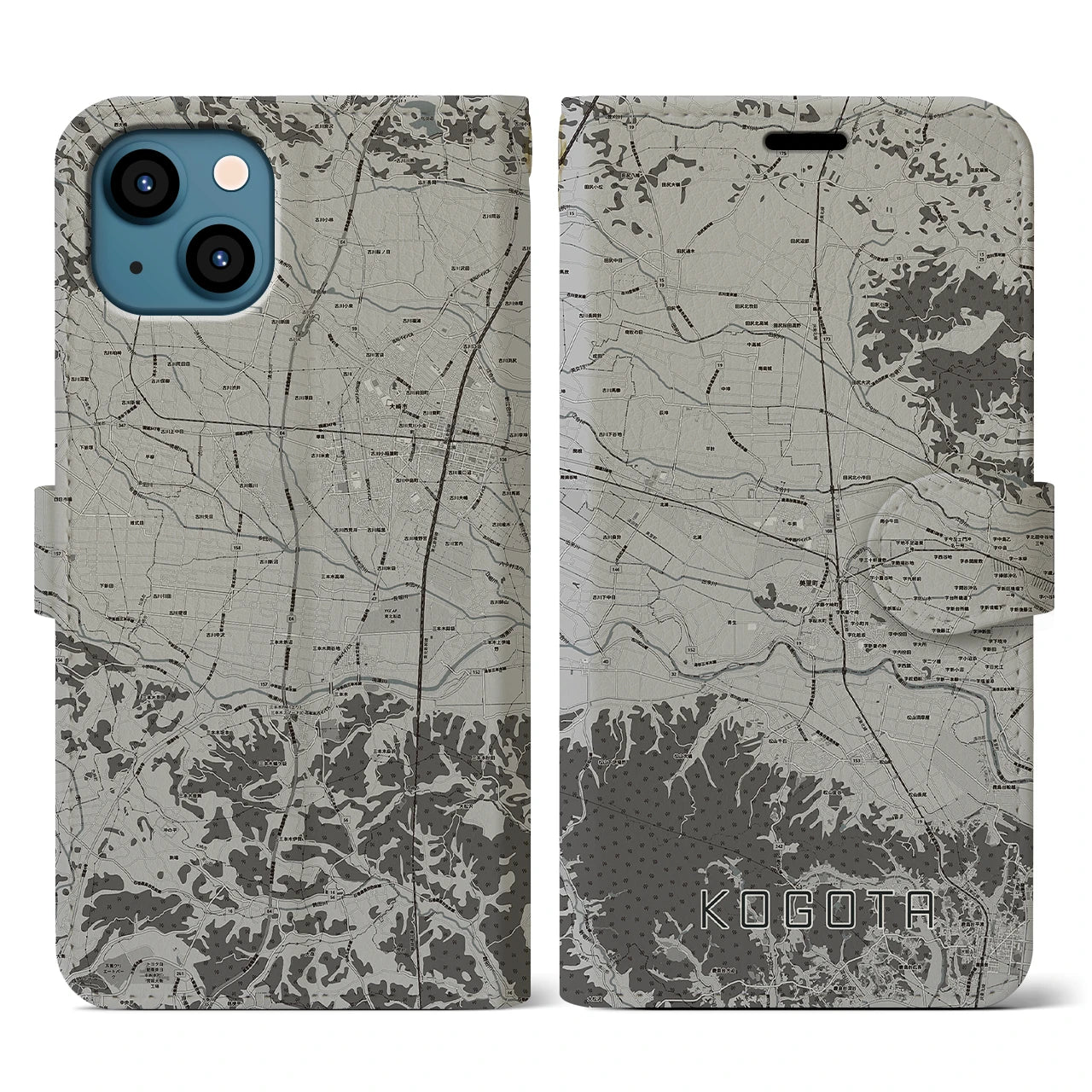【小牛田(宮城県)】地図柄iPhoneケース(手帳タイプ)モノトーン・iPhone 13 用