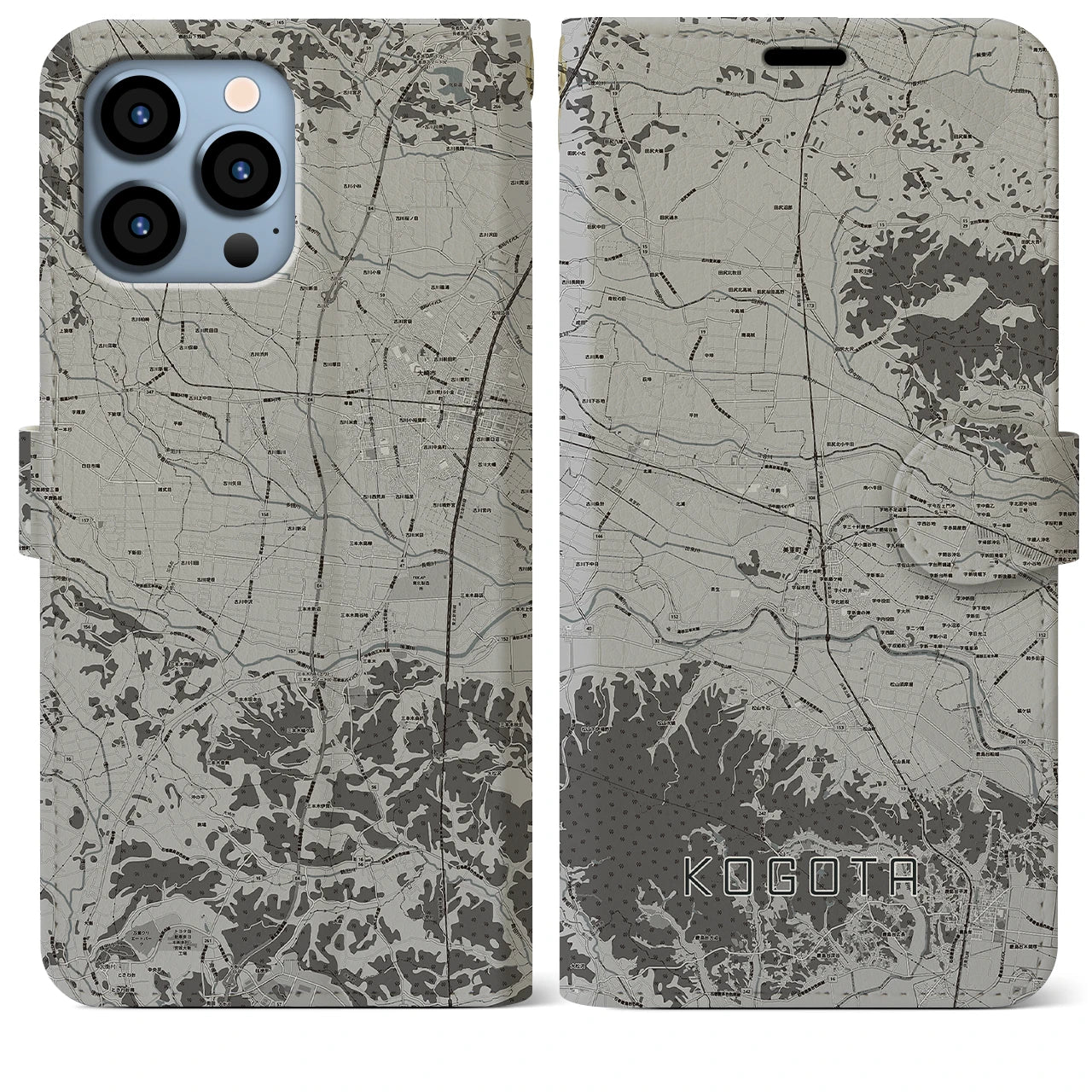 【小牛田(宮城県)】地図柄iPhoneケース(手帳タイプ)モノトーン・iPhone 13 Pro Max 用