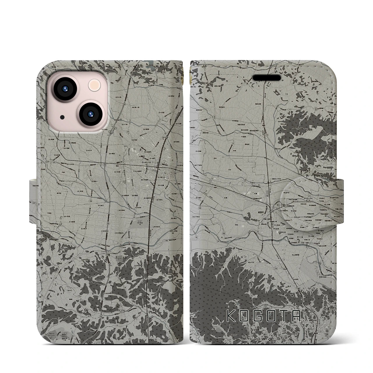 【小牛田(宮城県)】地図柄iPhoneケース(手帳タイプ)モノトーン・iPhone 13 mini 用