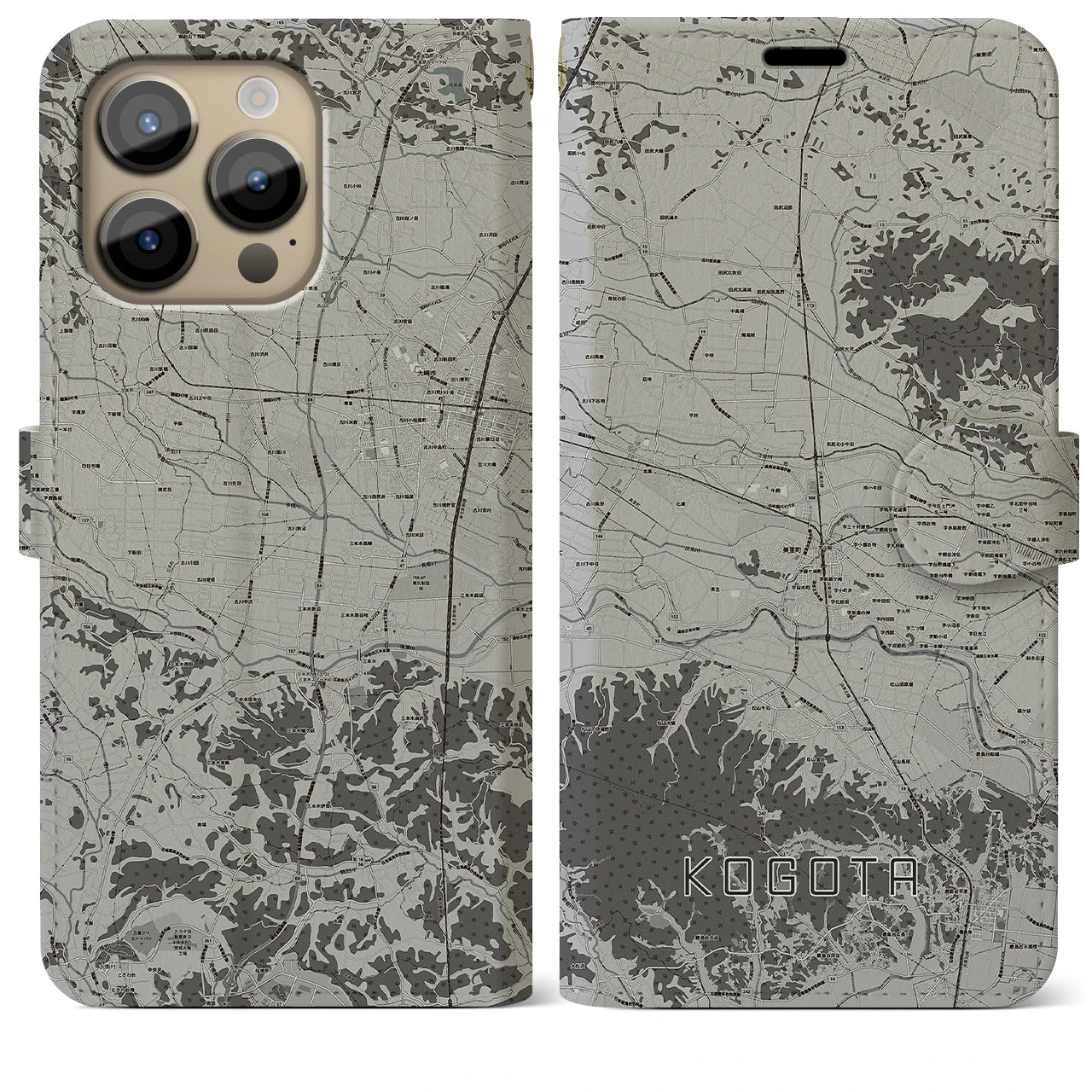 【小牛田(宮城県)】地図柄iPhoneケース(手帳タイプ)モノトーン・iPhone 14 Pro Max 用