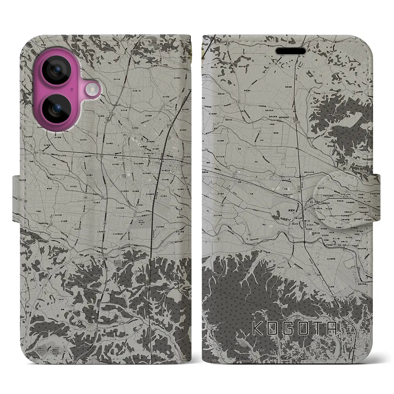 【小牛田(宮城県)】地図柄iPhoneケース(手帳タイプ)モノトーン・iPhone 16 Pro 用