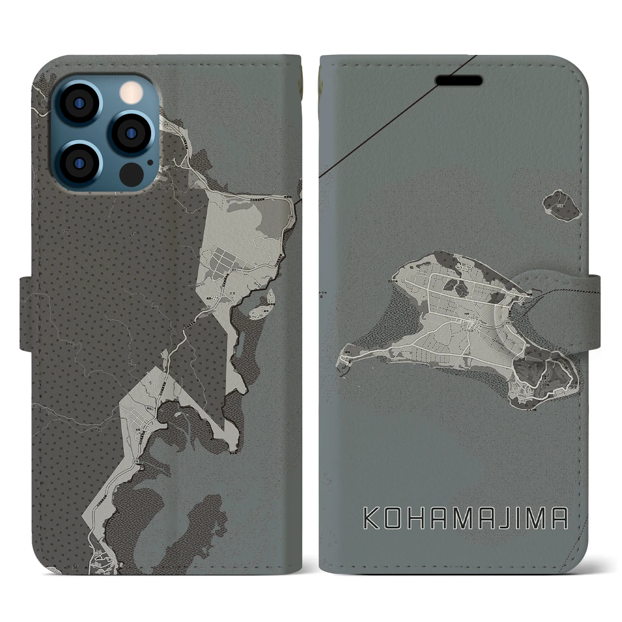 【小浜島(沖縄県)】地図柄iPhoneケース(手帳タイプ)モノトーン・iPhone 12 / 12 Pro 用