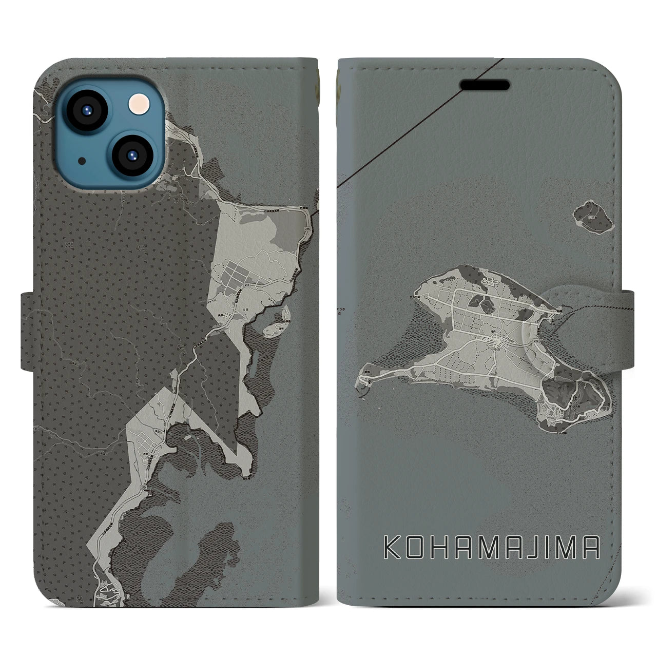 【小浜島(沖縄県)】地図柄iPhoneケース(手帳タイプ)モノトーン・iPhone 13 用