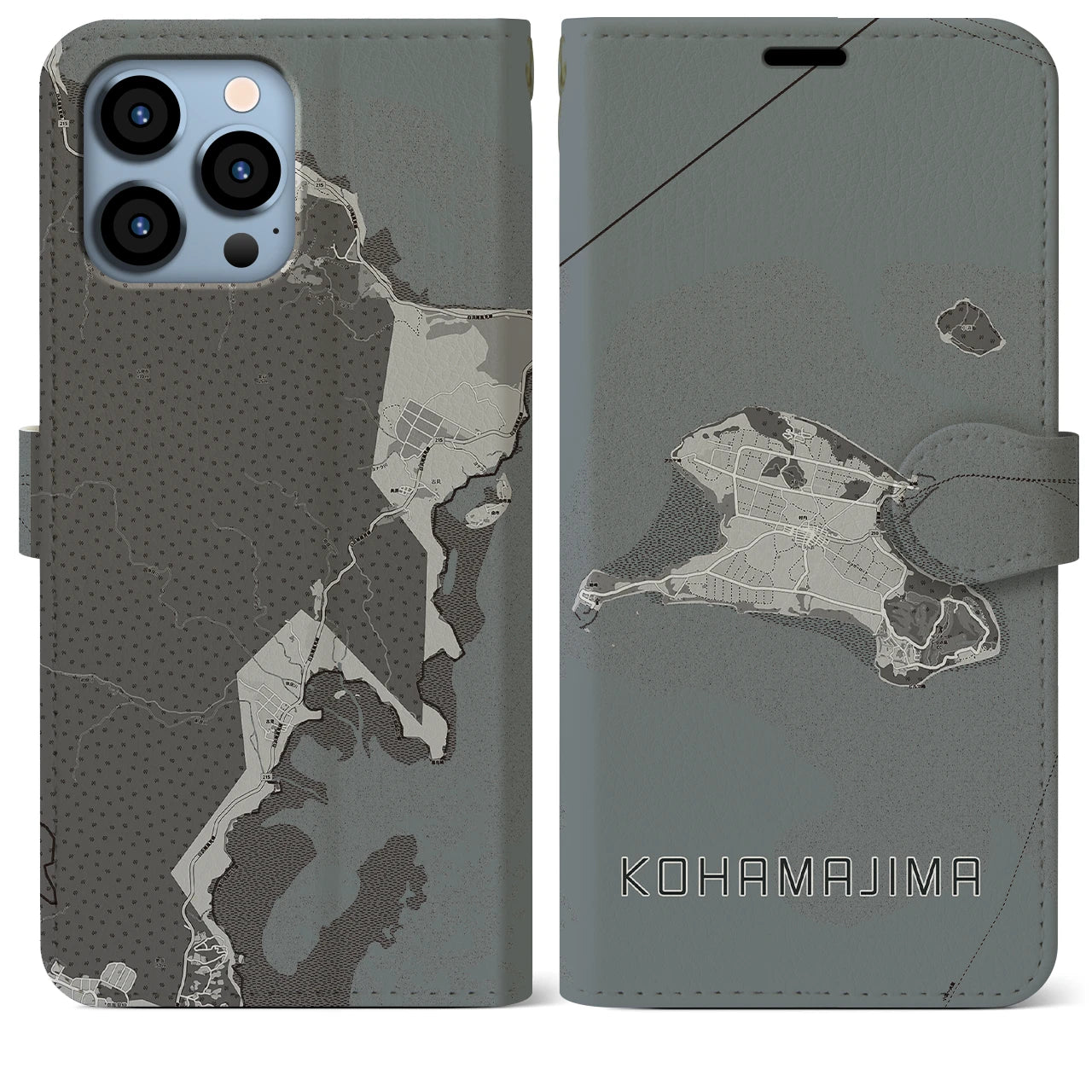 【小浜島(沖縄県)】地図柄iPhoneケース(手帳タイプ)モノトーン・iPhone 13 Pro Max 用