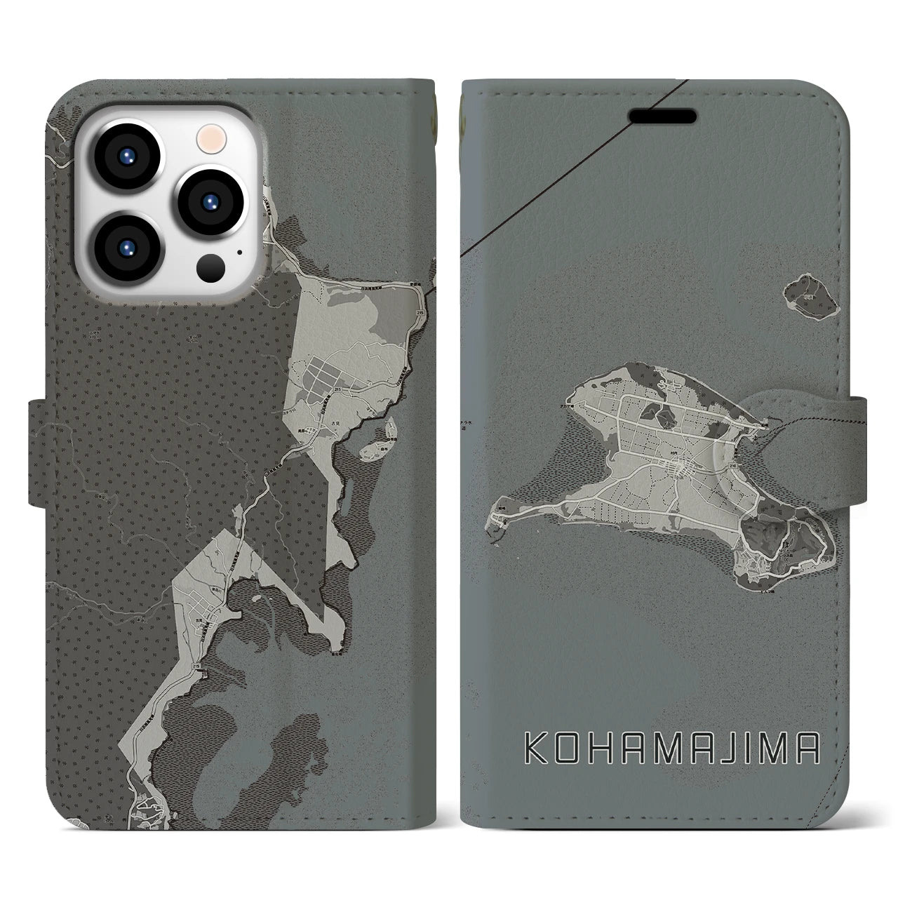 【小浜島(沖縄県)】地図柄iPhoneケース(手帳タイプ)モノトーン・iPhone 13 Pro 用