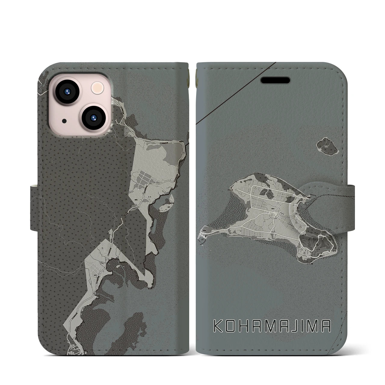 【小浜島(沖縄県)】地図柄iPhoneケース(手帳タイプ)モノトーン・iPhone 13 mini 用
