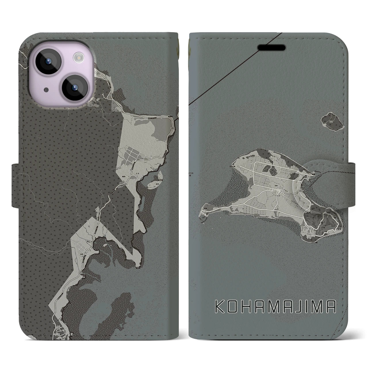 【小浜島(沖縄県)】地図柄iPhoneケース(手帳タイプ)モノトーン・iPhone 14 用