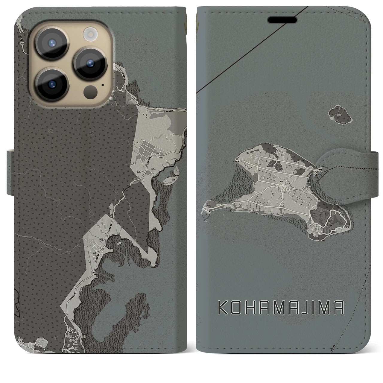 【小浜島(沖縄県)】地図柄iPhoneケース(手帳タイプ)モノトーン・iPhone 14 Pro Max 用