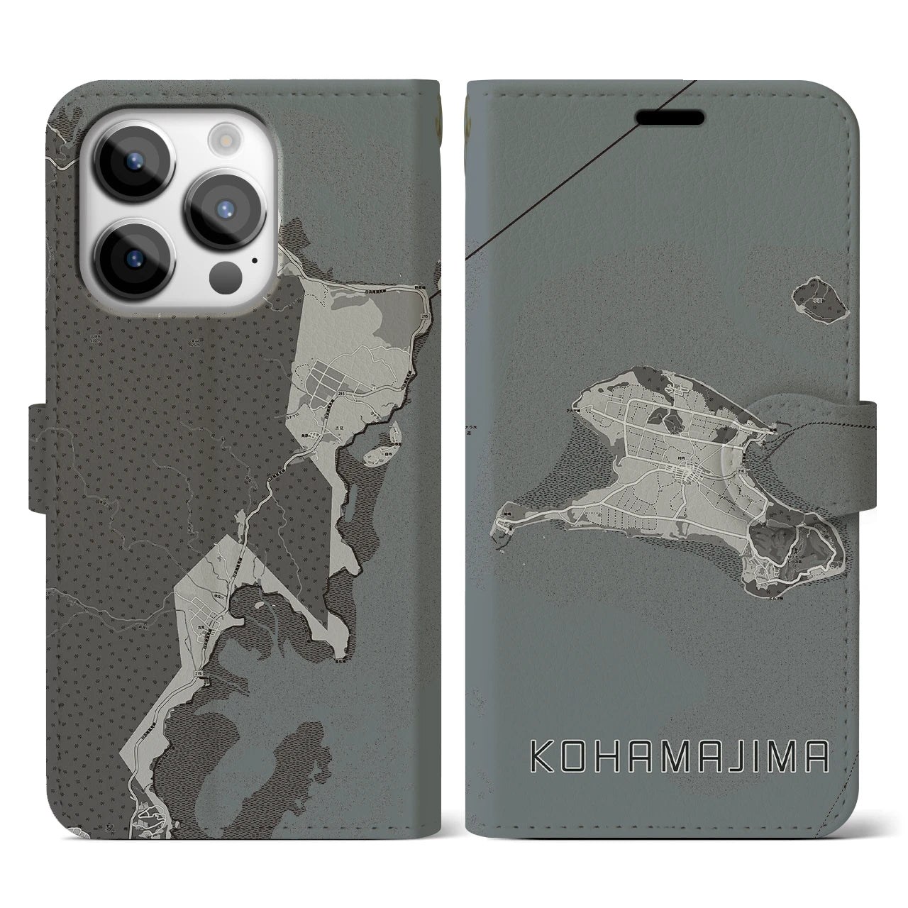 【小浜島(沖縄県)】地図柄iPhoneケース(手帳タイプ)モノトーン・iPhone 14 Pro 用