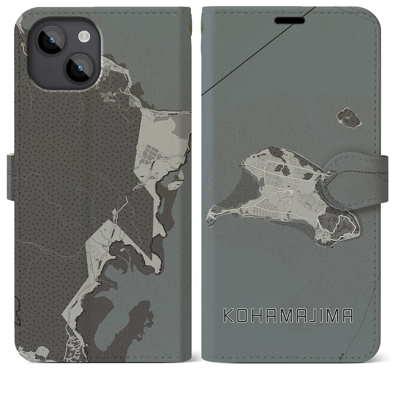 【小浜島(沖縄県)】地図柄iPhoneケース(手帳タイプ)モノトーン・iPhone 14 Plus 用