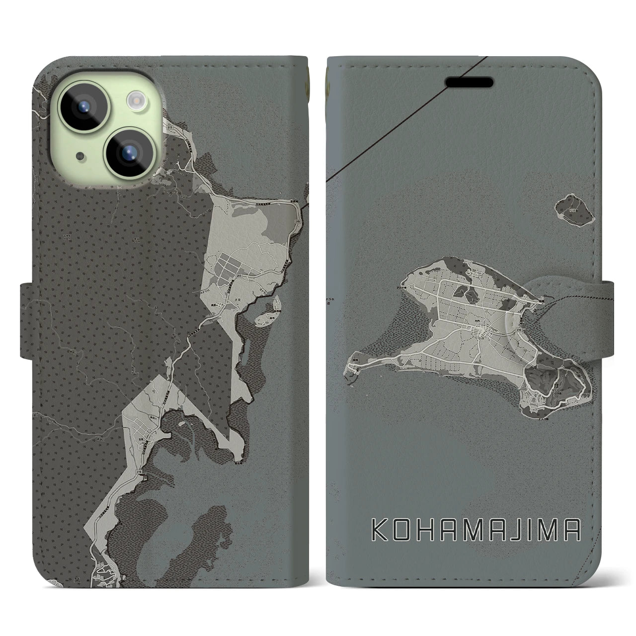 【小浜島(沖縄県)】地図柄iPhoneケース(手帳タイプ)モノトーン・iPhone 15 用
