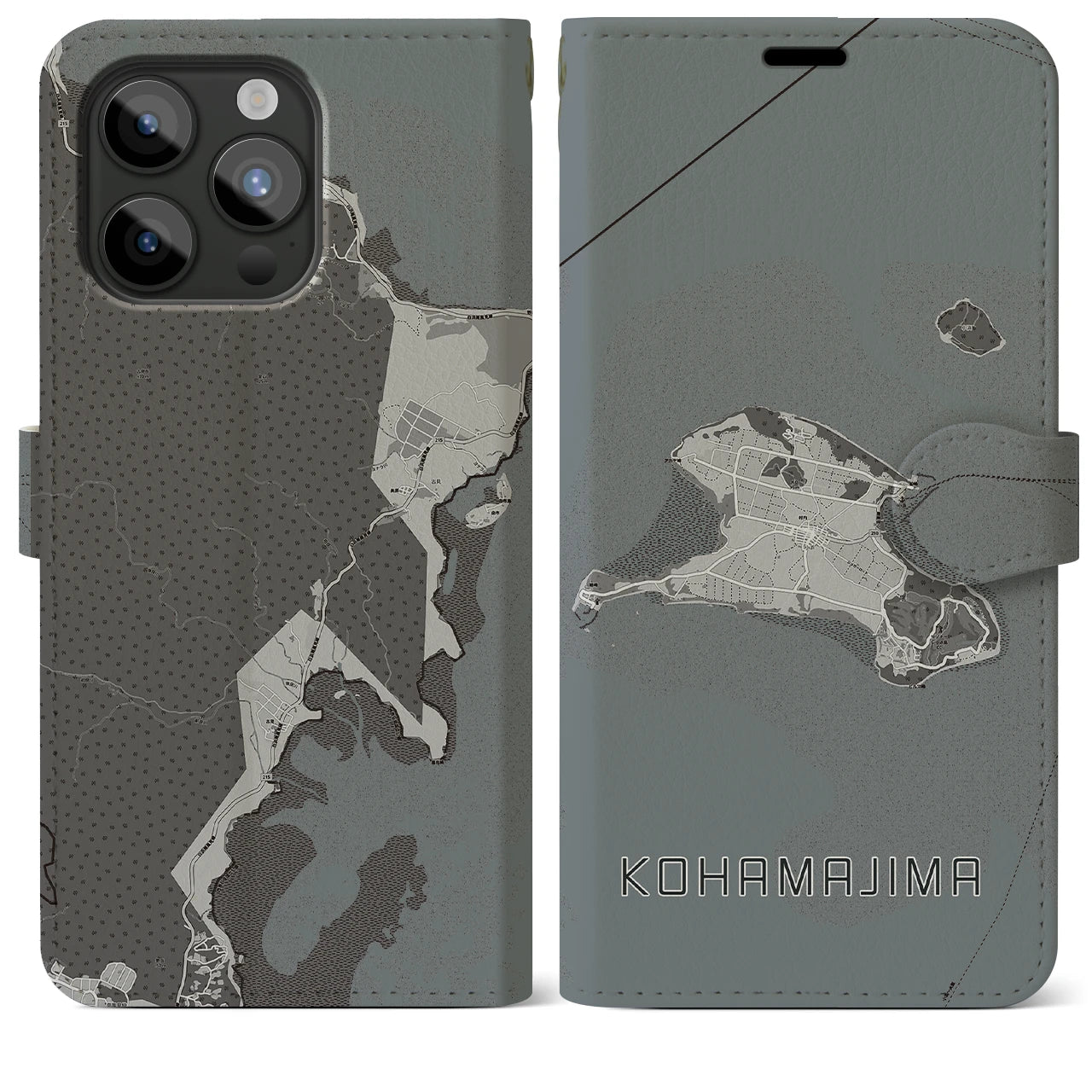 【小浜島(沖縄県)】地図柄iPhoneケース(手帳タイプ)モノトーン・iPhone 15 Pro Max 用