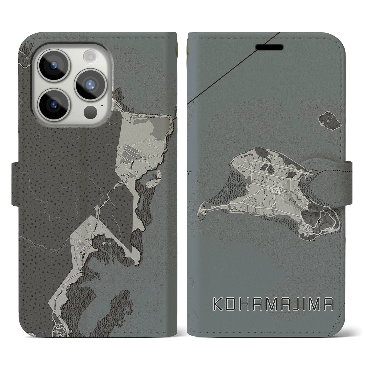 【小浜島(沖縄県)】地図柄iPhoneケース(手帳タイプ)モノトーン・iPhone 15 Pro 用