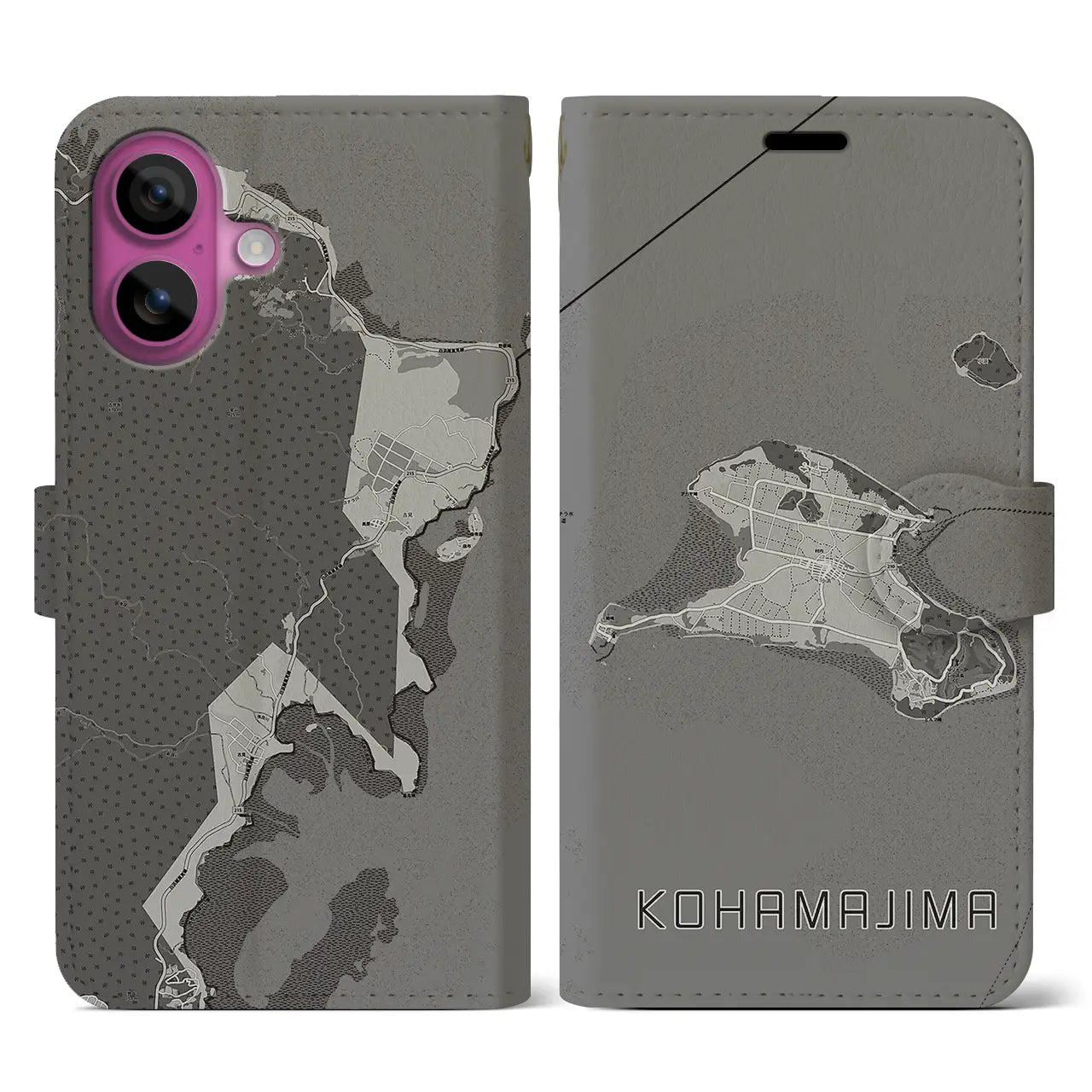 【小浜島(沖縄県)】地図柄iPhoneケース(手帳タイプ)モノトーン・iPhone 16 Pro 用