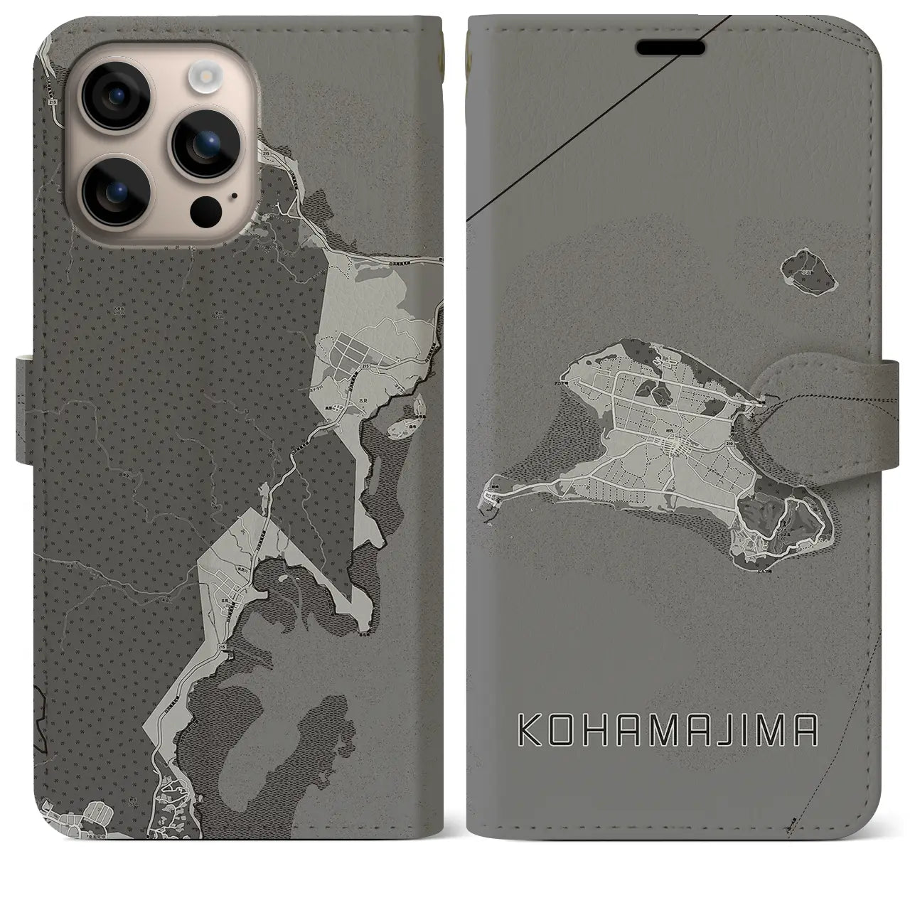 【小浜島(沖縄県)】地図柄iPhoneケース(手帳タイプ)モノトーン・iPhone 16 Plus 用