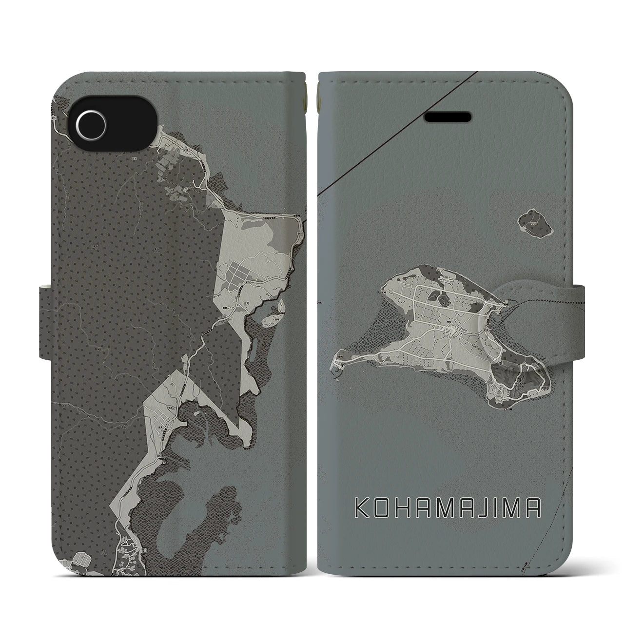 【小浜島(沖縄県)】地図柄iPhoneケース(手帳タイプ)モノトーン・iPhone SE(第3 / 第2世代) / 8 / 7 / 6s / 6 用