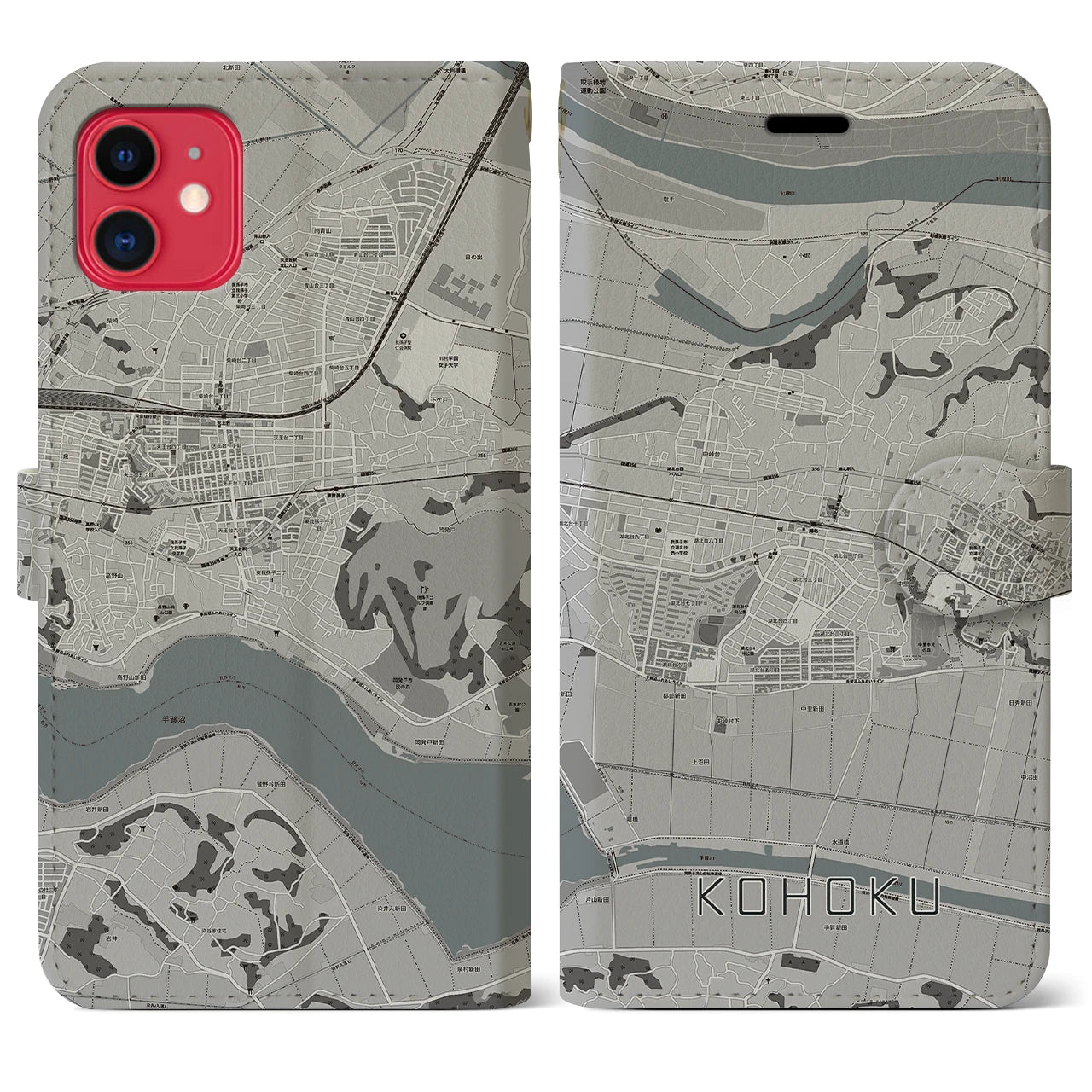 【湖北(千葉県)】地図柄iPhoneケース(手帳タイプ)モノトーン・iPhone 11 用