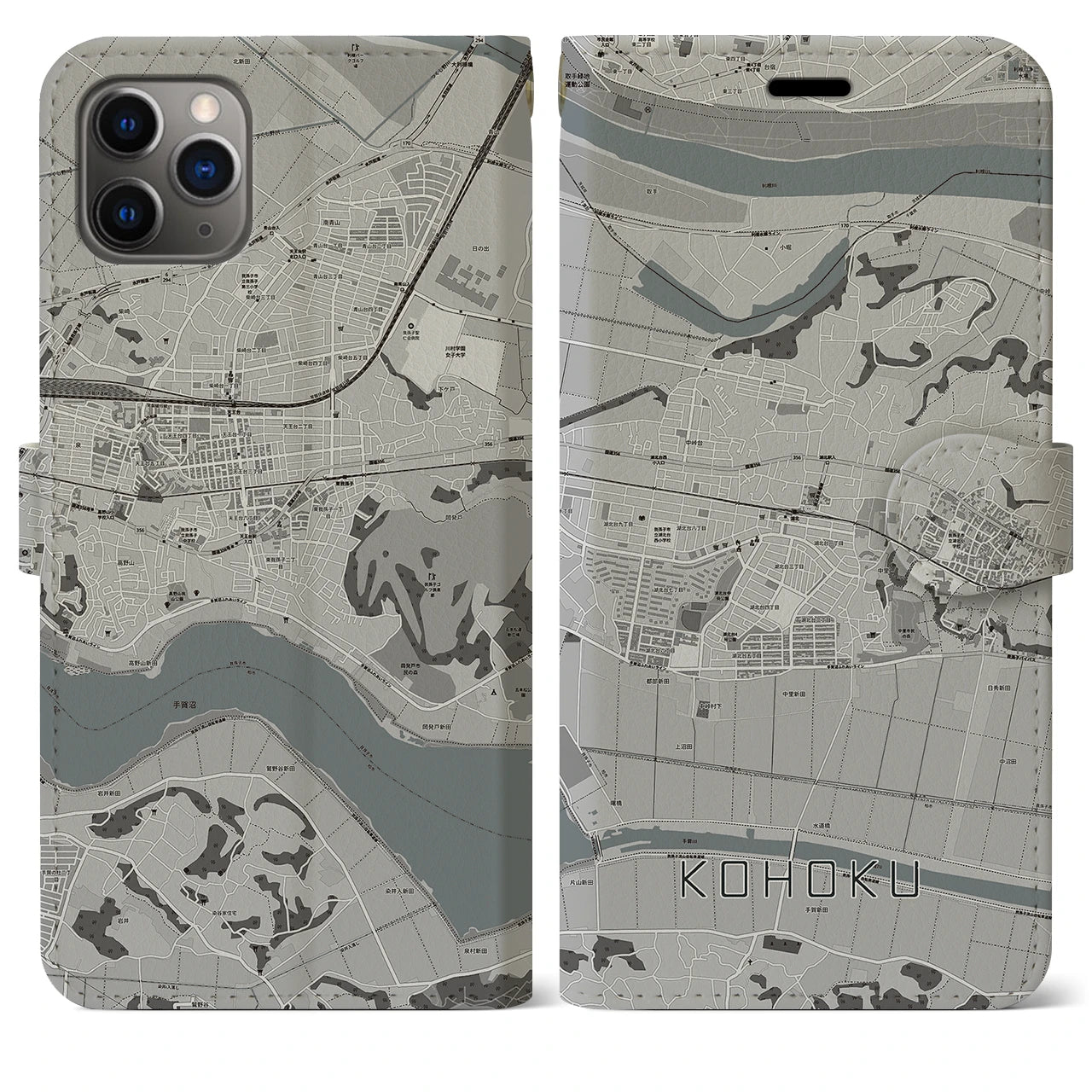 【湖北(千葉県)】地図柄iPhoneケース(手帳タイプ)モノトーン・iPhone 11 Pro Max 用