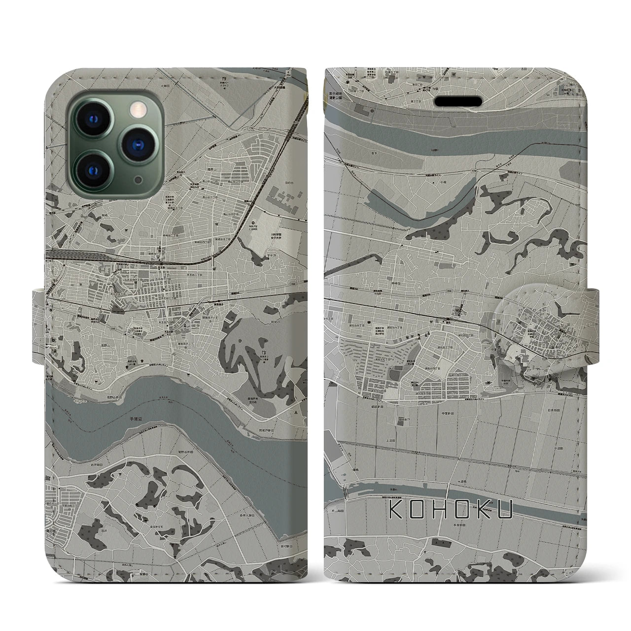 【湖北(千葉県)】地図柄iPhoneケース(手帳タイプ)モノトーン・iPhone 11 Pro 用