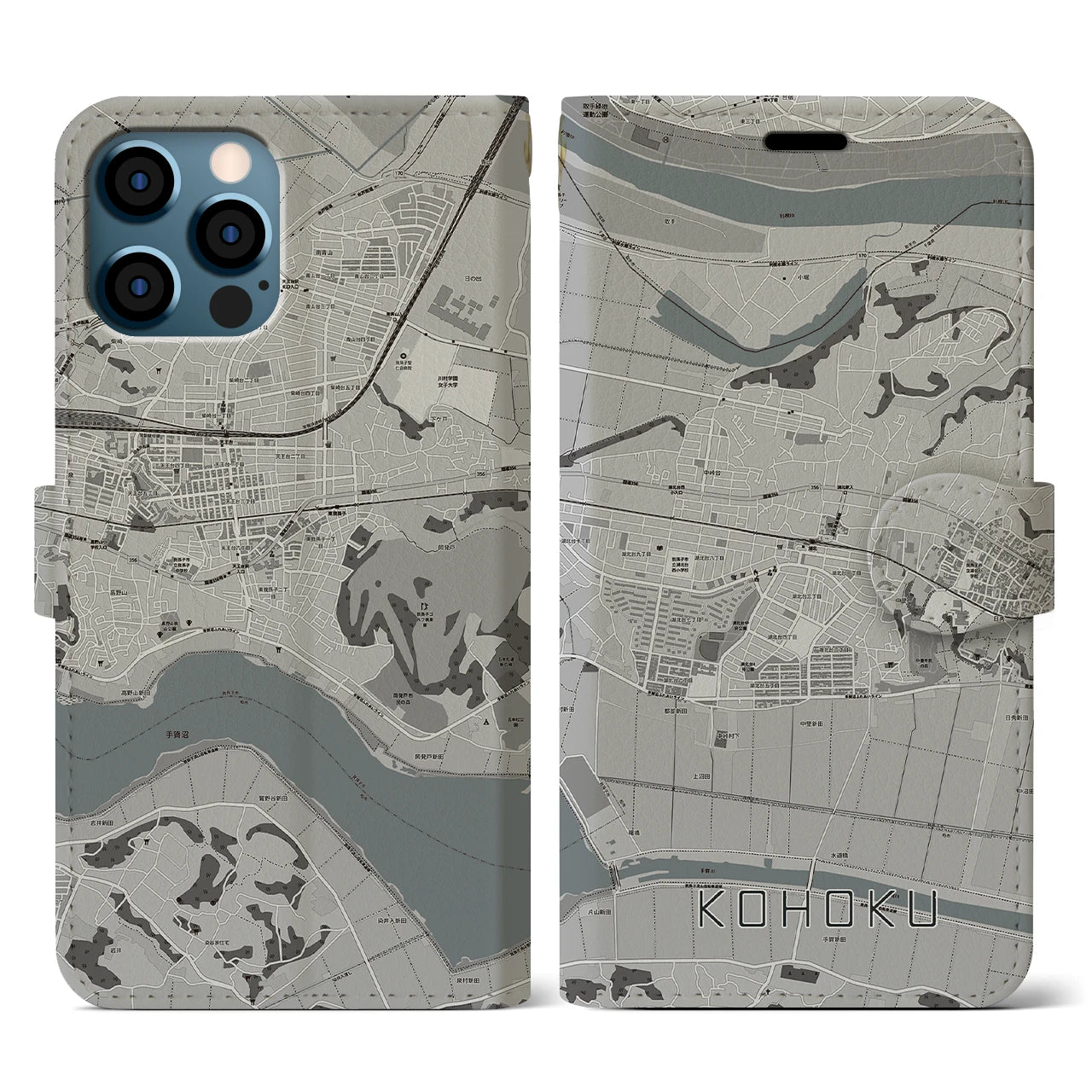 【湖北(千葉県)】地図柄iPhoneケース(手帳タイプ)モノトーン・iPhone 12 / 12 Pro 用