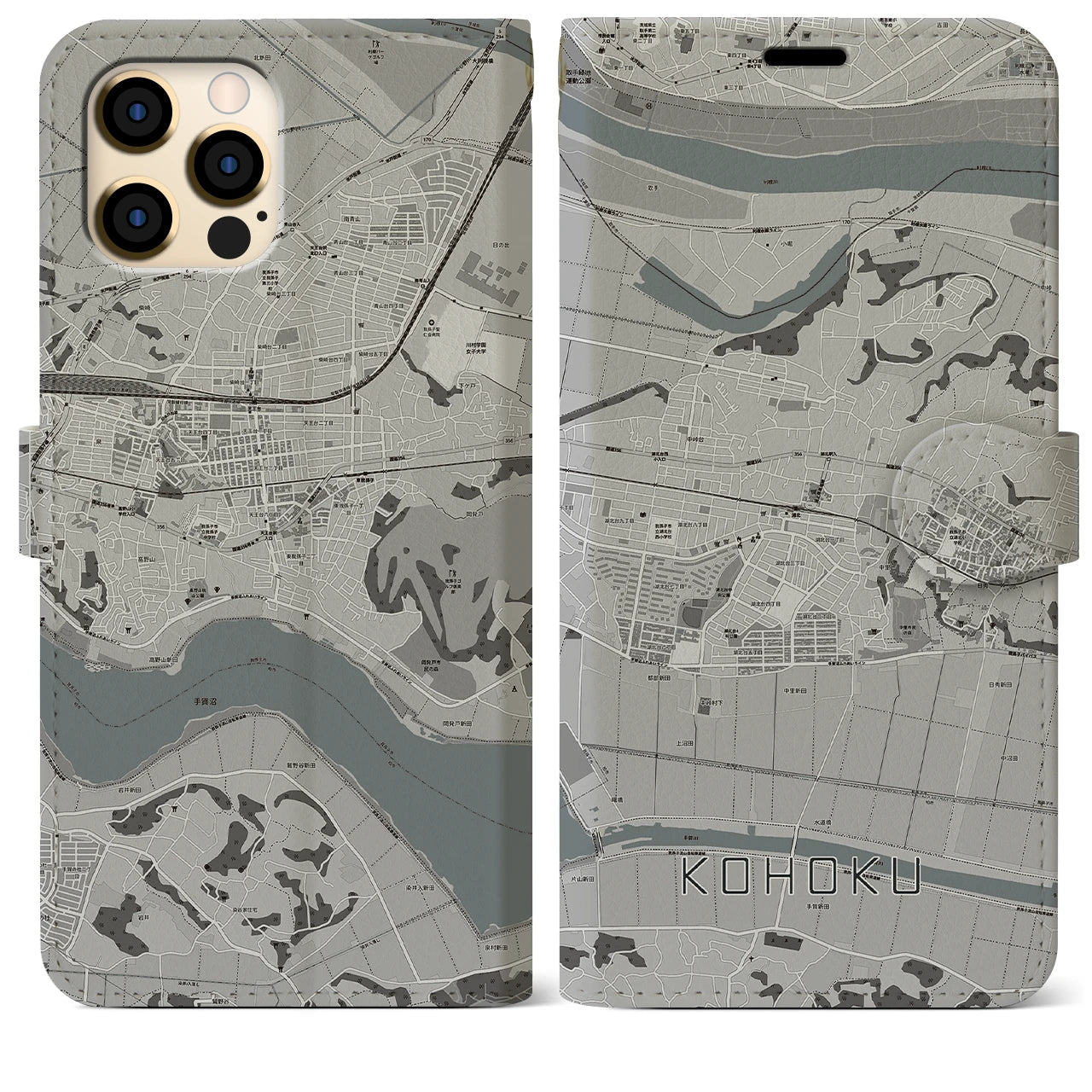 【湖北(千葉県)】地図柄iPhoneケース(手帳タイプ)モノトーン・iPhone 12 Pro Max 用