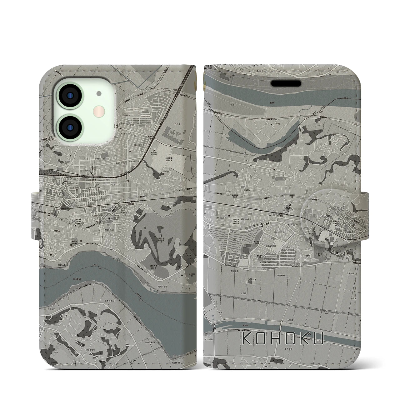 【湖北(千葉県)】地図柄iPhoneケース(手帳タイプ)モノトーン・iPhone 12 mini 用