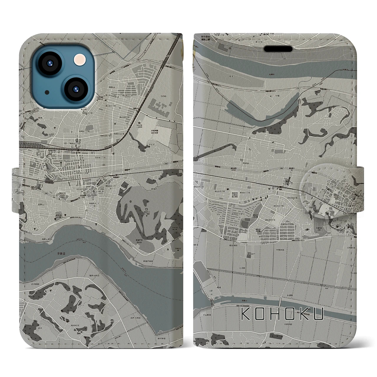 【湖北(千葉県)】地図柄iPhoneケース(手帳タイプ)モノトーン・iPhone 13 用