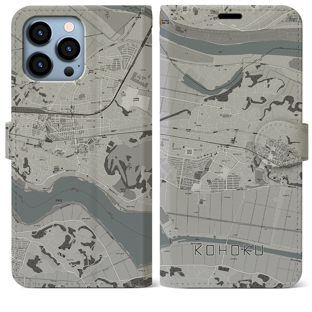 【湖北(千葉県)】地図柄iPhoneケース(手帳タイプ)モノトーン・iPhone 13 Pro Max 用