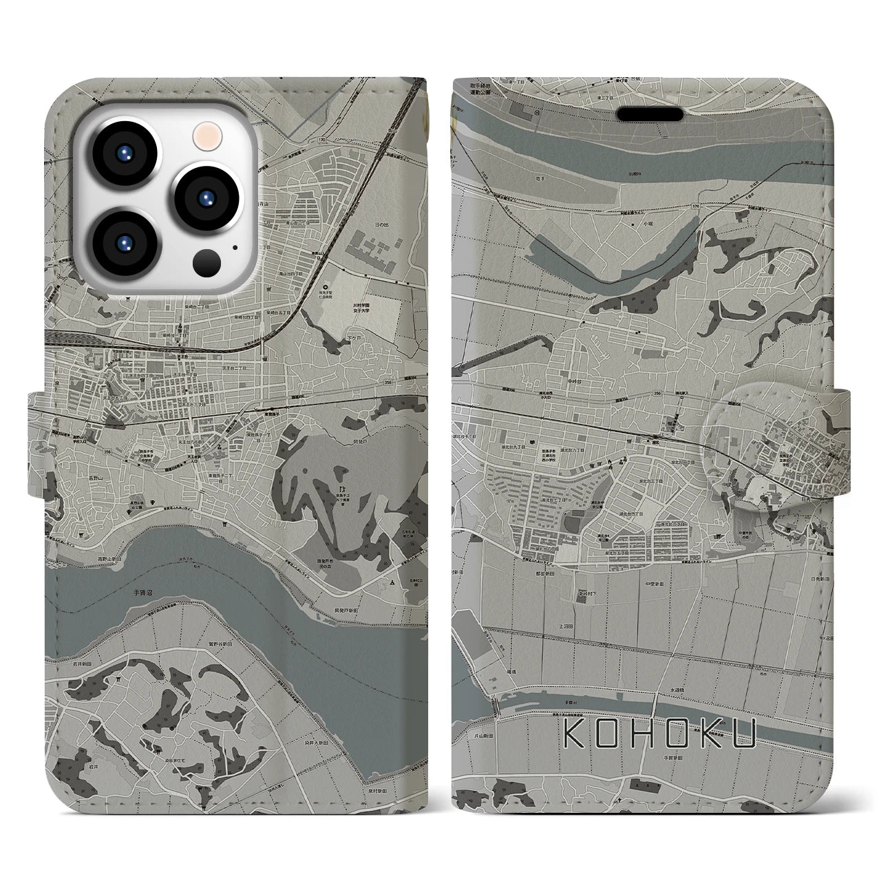【湖北(千葉県)】地図柄iPhoneケース(手帳タイプ)モノトーン・iPhone 13 Pro 用
