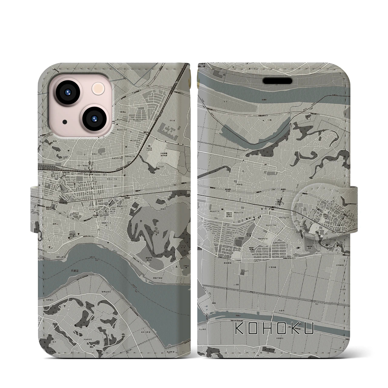 【湖北(千葉県)】地図柄iPhoneケース(手帳タイプ)モノトーン・iPhone 13 mini 用