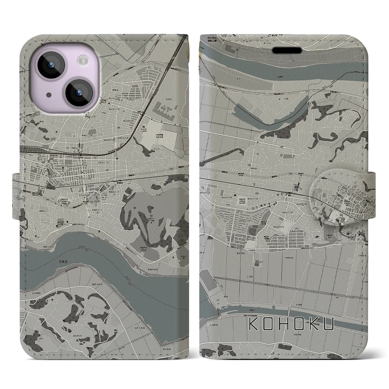 【湖北(千葉県)】地図柄iPhoneケース(手帳タイプ)モノトーン・iPhone 14 用