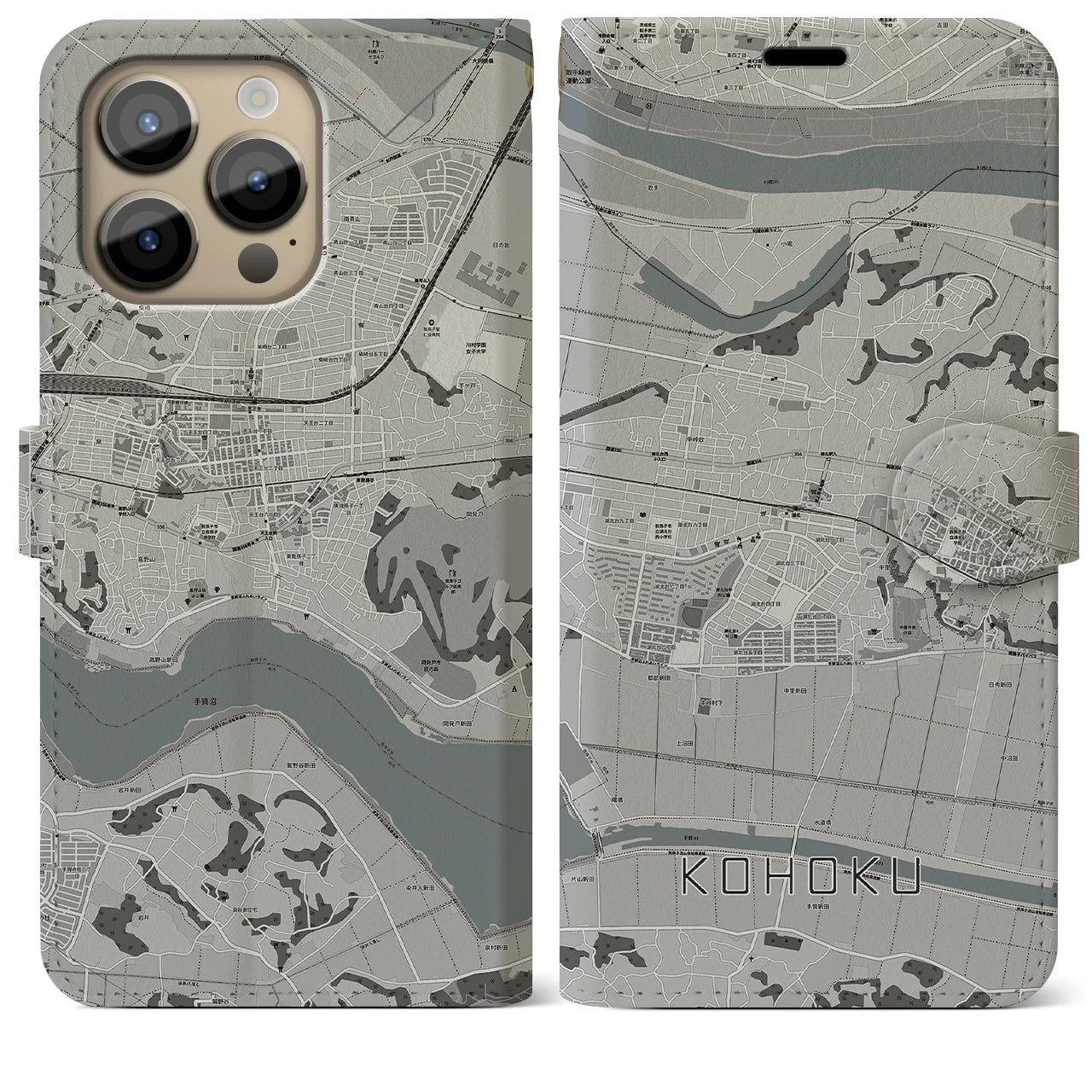 【湖北(千葉県)】地図柄iPhoneケース(手帳タイプ)モノトーン・iPhone 14 Pro Max 用