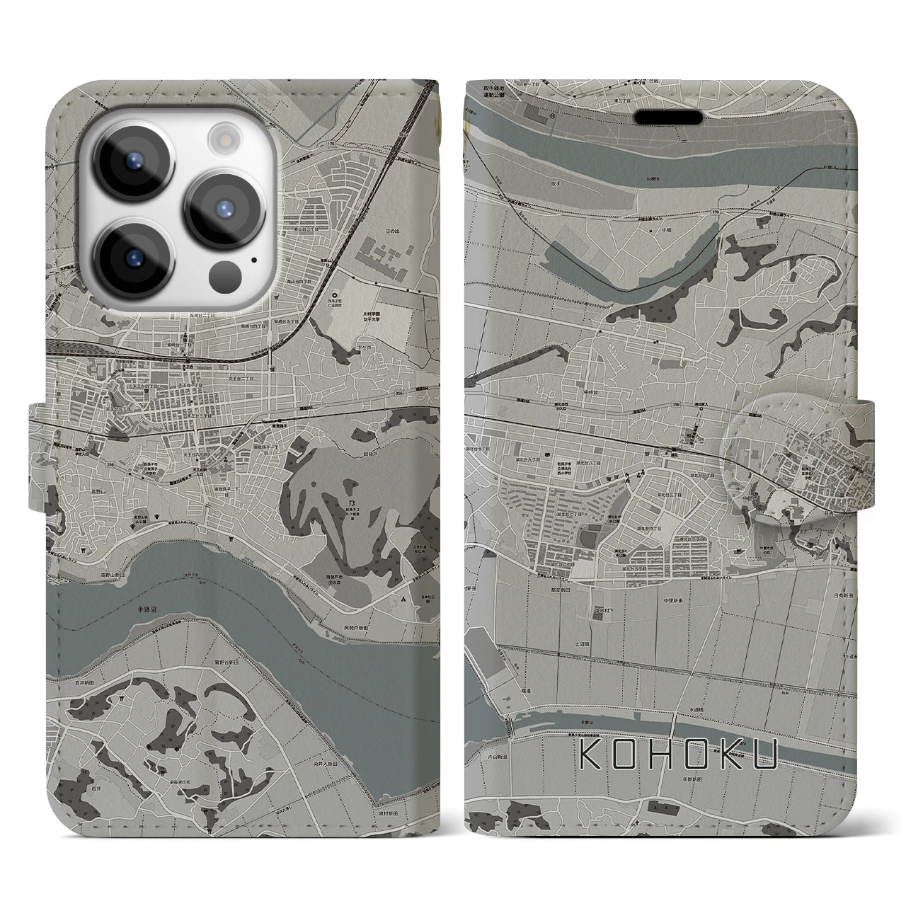 【湖北(千葉県)】地図柄iPhoneケース(手帳タイプ)モノトーン・iPhone 14 Pro 用