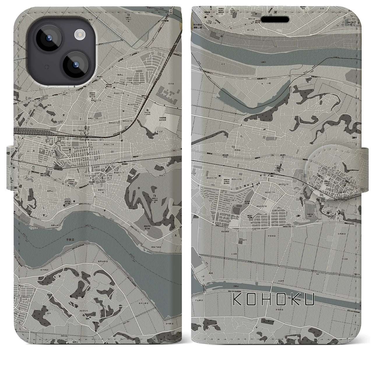 【湖北(千葉県)】地図柄iPhoneケース(手帳タイプ)モノトーン・iPhone 14 Plus 用