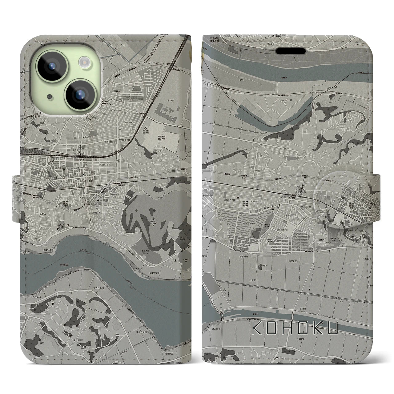 【湖北(千葉県)】地図柄iPhoneケース(手帳タイプ)モノトーン・iPhone 15 用