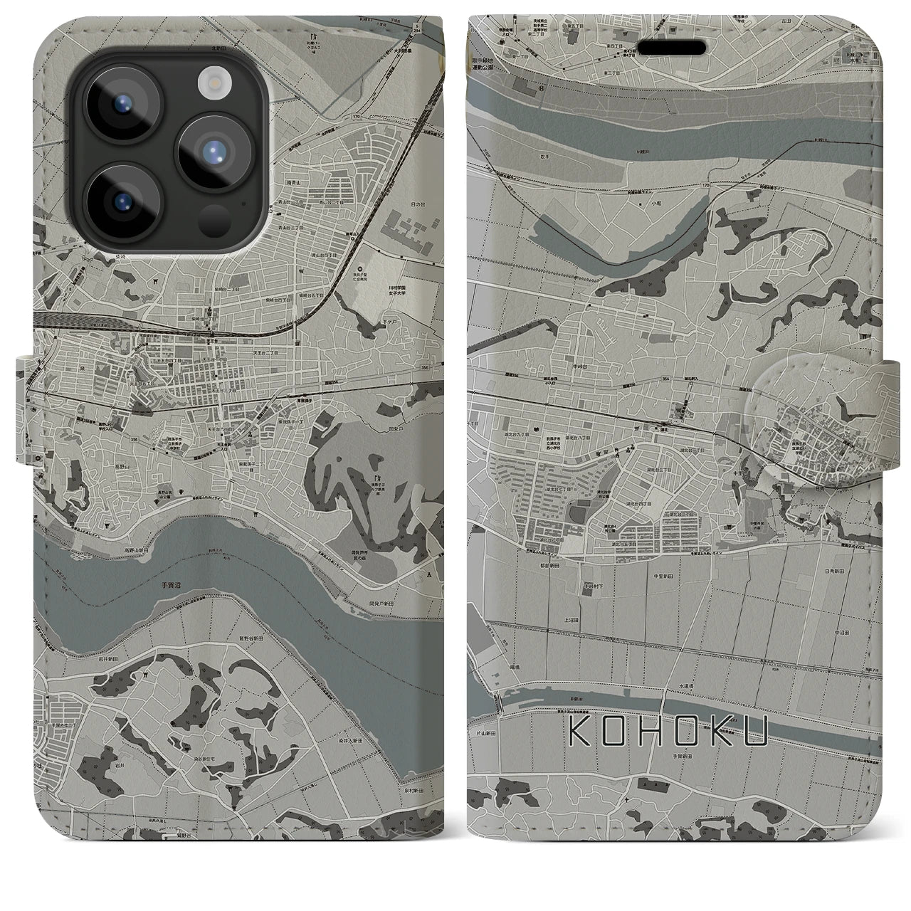 【湖北(千葉県)】地図柄iPhoneケース(手帳タイプ)モノトーン・iPhone 15 Pro Max 用