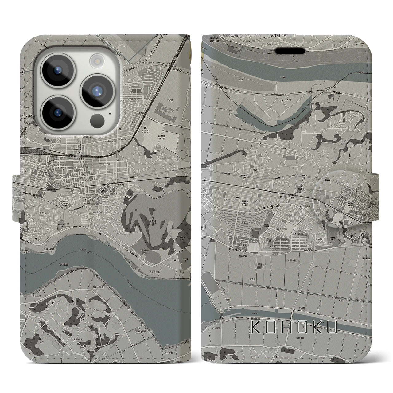 【湖北(千葉県)】地図柄iPhoneケース(手帳タイプ)モノトーン・iPhone 15 Pro 用