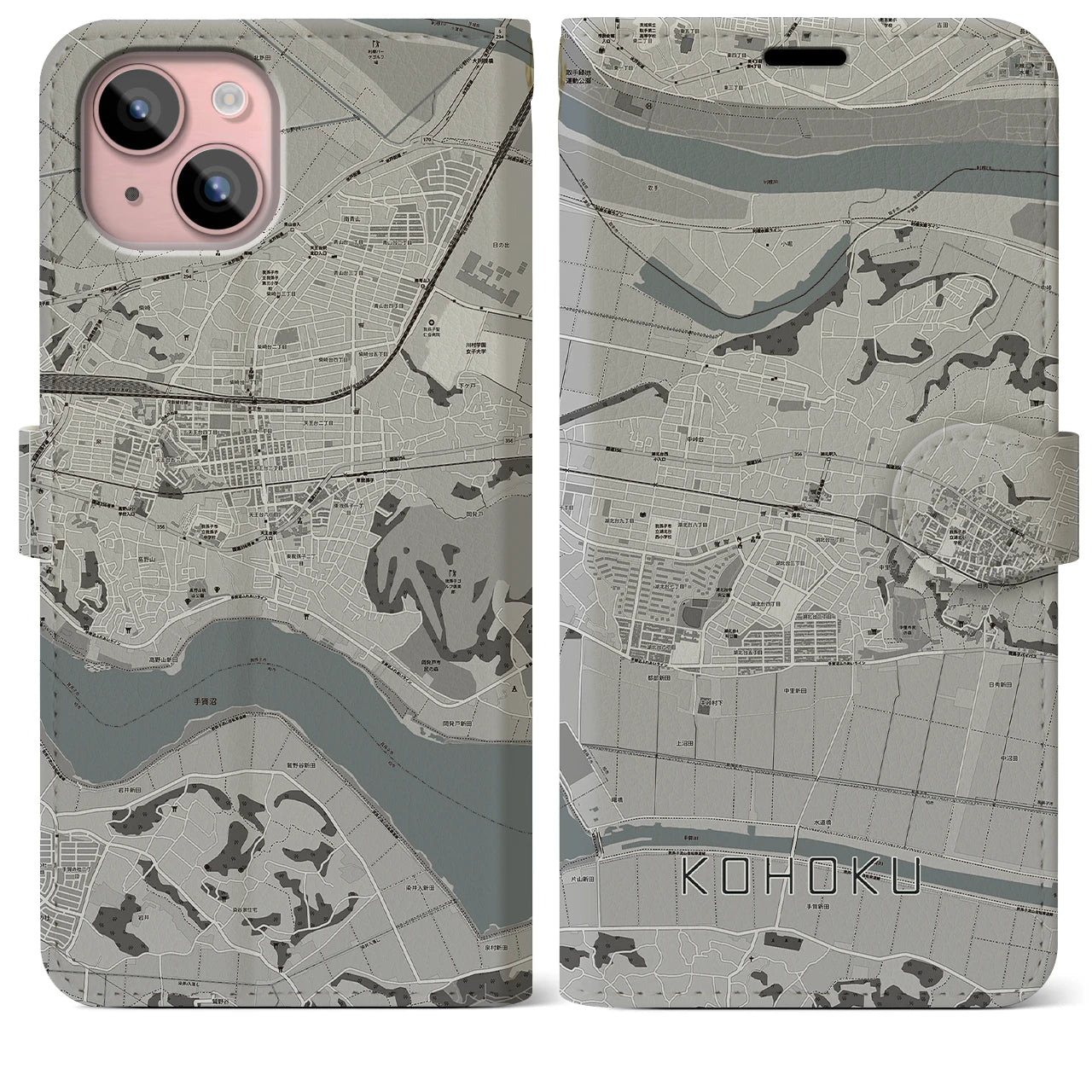 【湖北(千葉県)】地図柄iPhoneケース(手帳タイプ)モノトーン・iPhone 15 Plus 用