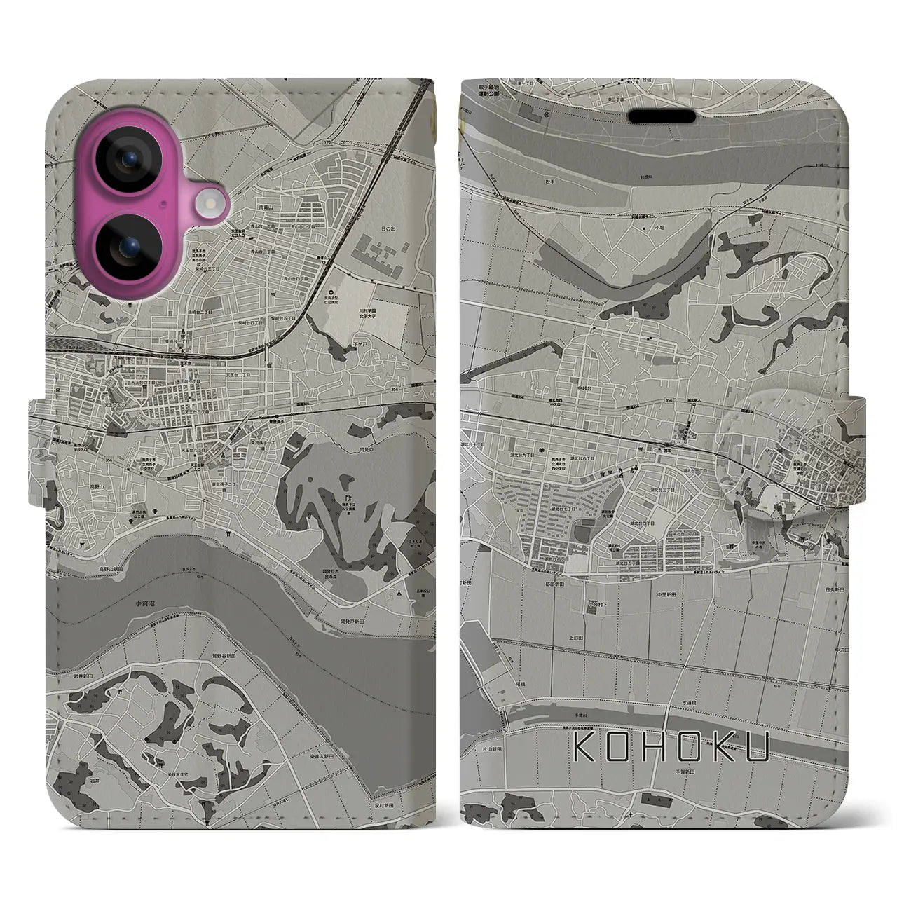 【湖北(千葉県)】地図柄iPhoneケース(手帳タイプ)モノトーン・iPhone 16 Pro 用