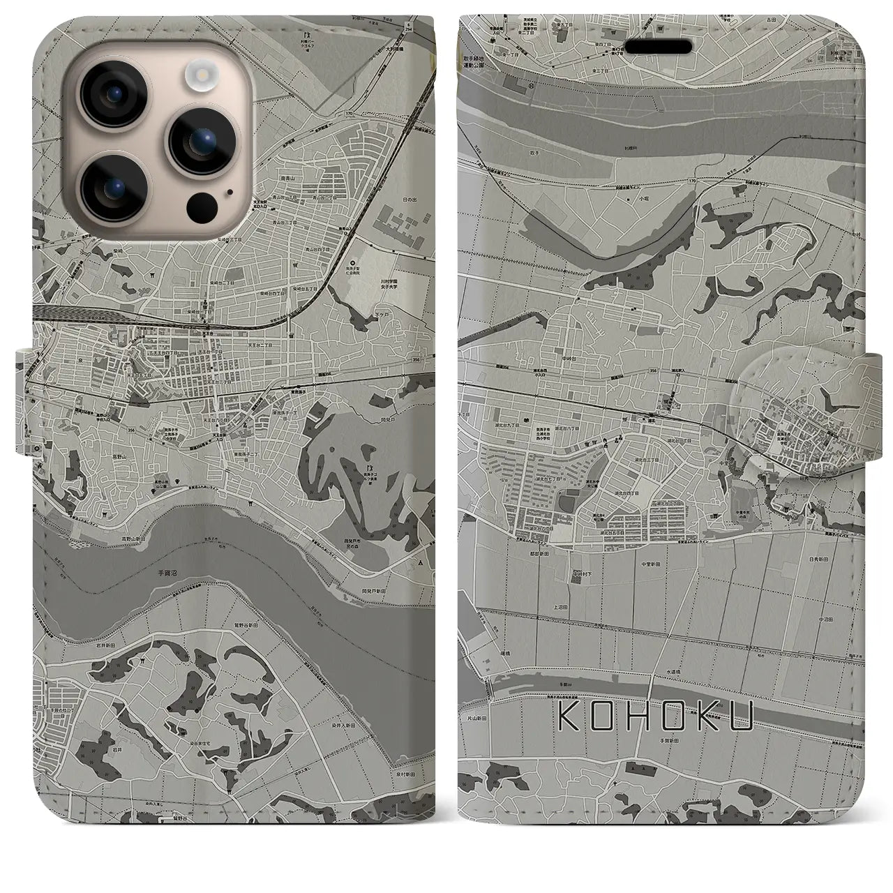 【湖北(千葉県)】地図柄iPhoneケース(手帳タイプ)モノトーン・iPhone 16 Plus 用