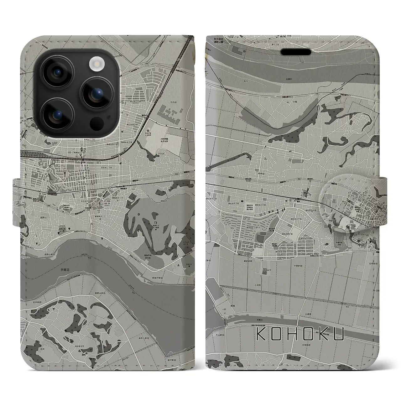 【湖北(千葉県)】地図柄iPhoneケース(手帳タイプ)モノトーン・iPhone 16 用
