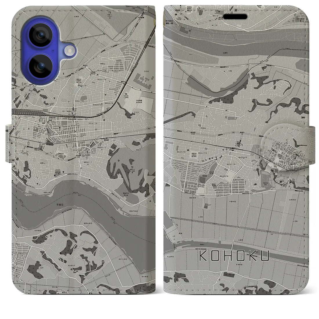 【湖北(千葉県)】地図柄iPhoneケース(手帳タイプ)モノトーン・iPhone 16 Pro Max 用
