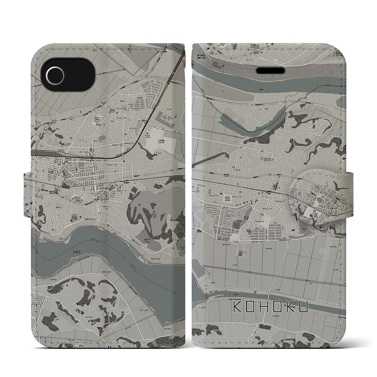 【湖北(千葉県)】地図柄iPhoneケース(手帳タイプ)モノトーン・iPhone SE(第3 / 第2世代) / 8 / 7 / 6s / 6 用