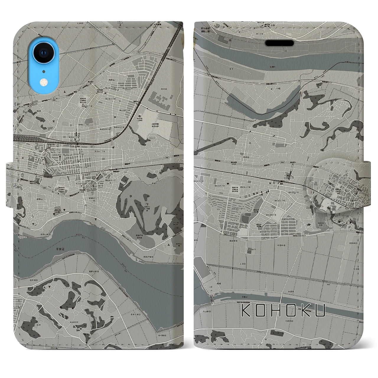 【湖北(千葉県)】地図柄iPhoneケース(手帳タイプ)モノトーン・iPhone XR 用